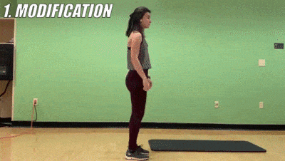 woman demonstrating modified 2 jumps back, squat jump forward
