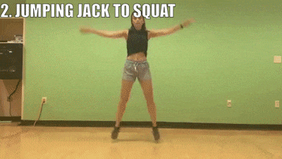 female demonstrating jumping jack to squat
