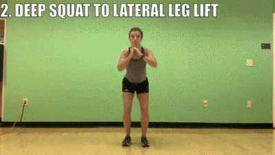 female demonstrating deep squat to lateral leg lift