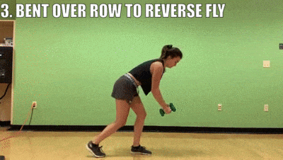 female demonstrating bent over row to reverse fly