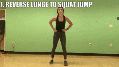 woman demonstrating reverse lunge to squat jump
