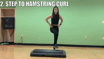 woman demonstrating step to hamstring curl