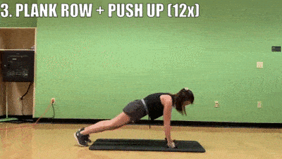 woman demonstrating plank row + push up 12x