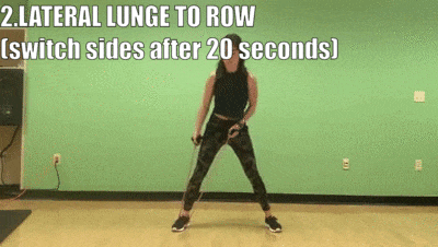woman demonstrating lateral lunge to row (switch sides after 20 seconds)