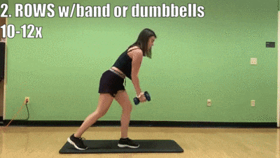 woman demonstrating rows with band or dumbbells