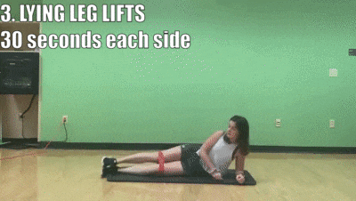 woman demonstrating lying leg lifts for 30 seconds on each side