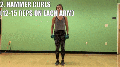 woman demonstrating hammer curls