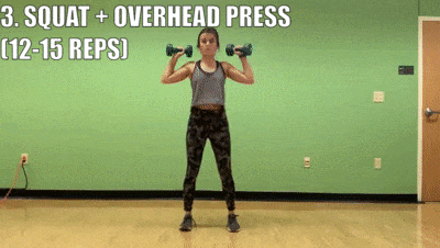 woman demonstrating squat + overhead press