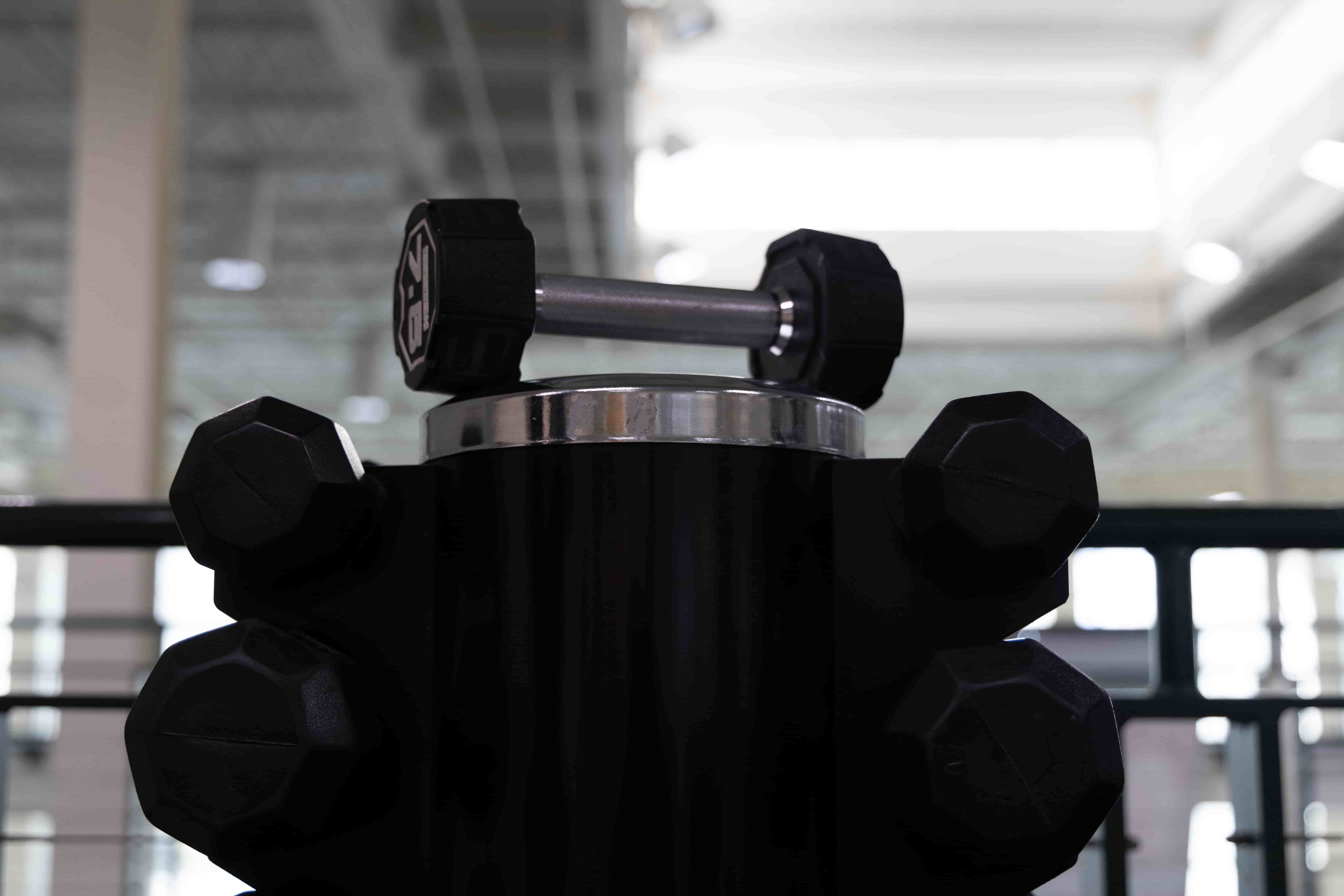 Dumbell resting on top of a dumbell rack.