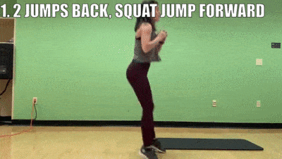 woman demonstrating 2 jumps back, squat jump forward