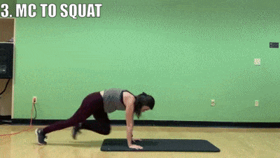 woman demonstrating mountain climber to squat 