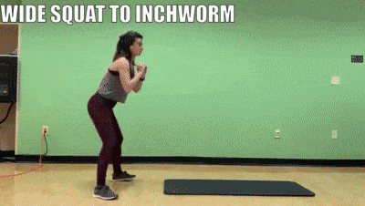 woman demonstrating wide squat to inchworm