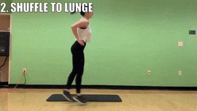 woman demonstrating shuffle to lunge
