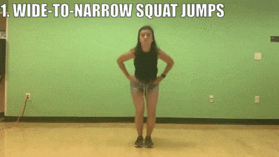 female demonstrating wide-to-narrow squat jumps