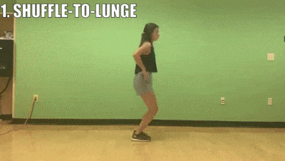 female demonstrating shuffle-to-lunge