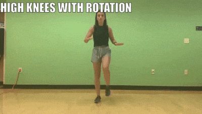 female demonstrating high knees with rotation