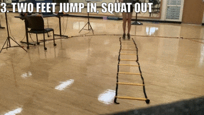 female demonstrating two feet jump in, squat out