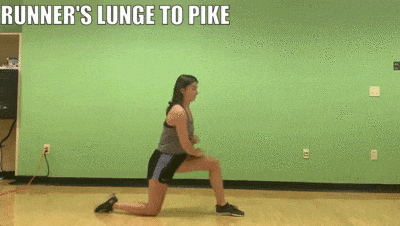 female demonstrating runner's lunge to pike