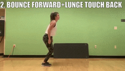 female demonstrating bounce forward + lunge touch back