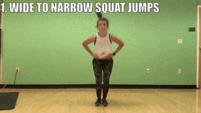 female demonstrating wide to narrow squat jumps