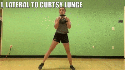 female demonstrating lateral to curtsy lunge