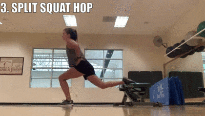 female demonstrating split squat hop