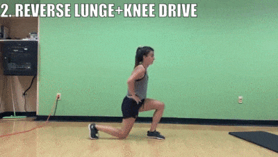 female demonstrating reverse lunge + knee drive