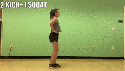 female demonstrating 2 kick + 1 squat