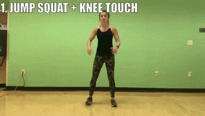 woman demonstrating Jump Squat + knee touch