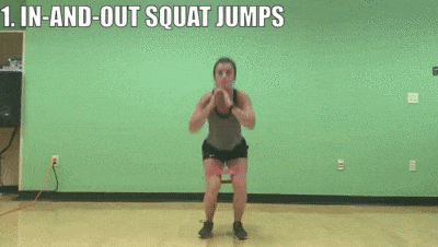 woman demonstrating in-and-out squat jumps