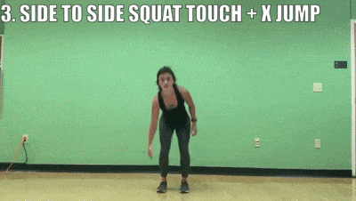 woman demonstrating side to side squat touch + x jump