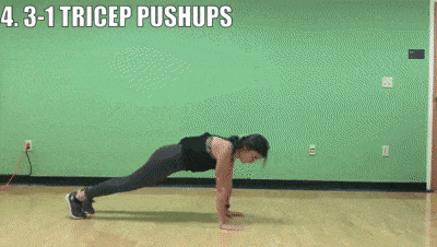 woman demonstrating 3-1 tricep push ups