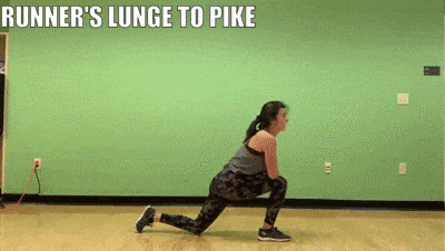 woman demonstrating runner's lunge to pike