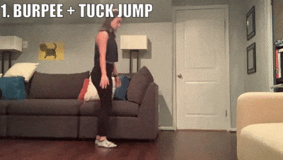 woman demonstrating burpee + tuck jump