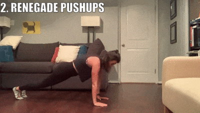 woman demonstrating renegade pushups