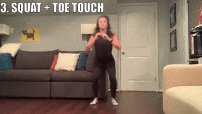 woman demonstrating squat + toe touch