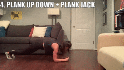 woman demonstrating plank up down + plank jack