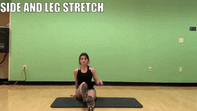 woman demonstrating side and leg stretch