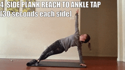 woman demonstrating side plank reach to ankle tap