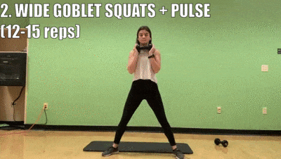 woman demonstrating wide goblet squats + pulse