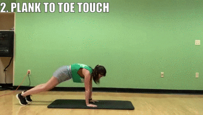 woman demonstrating plank to toe touch