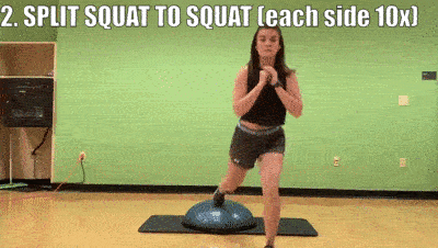 woman demonstrating split squat to squat on each side 10x
