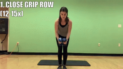 woman demonstrating close grip row 12 to 15 times