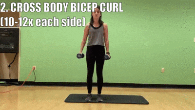 woman demonstrating cross body bicep curls 10 to 12 times each side