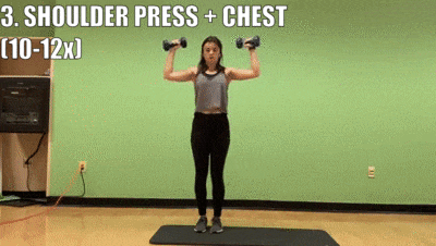 woman demonstrating shoulder press + chest 10 to 12 times