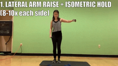 woman demonstrating lateral arm raise + isometric hold 8 to 10 times each side