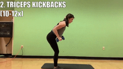 woman demonstrating triceps kickbacks 10 to 12 times