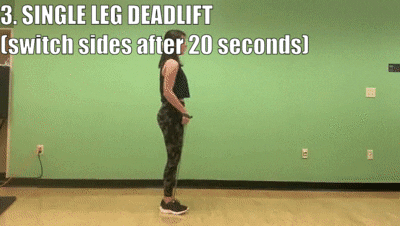 woman demonstrating single leg deadlift switch sides after 20 seconds