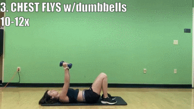 woman demonstrating chest flys with dumbbells