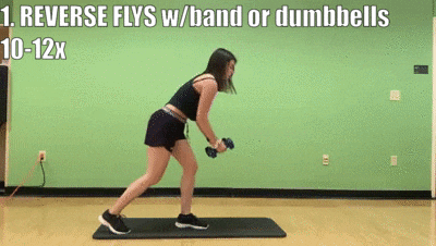 woman demonstrating reverse flys with band or dumbbells